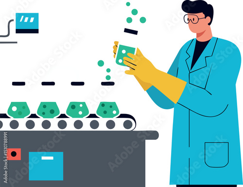 Scientist in blue lab coat handling chemical flask in laboratory vector illustration