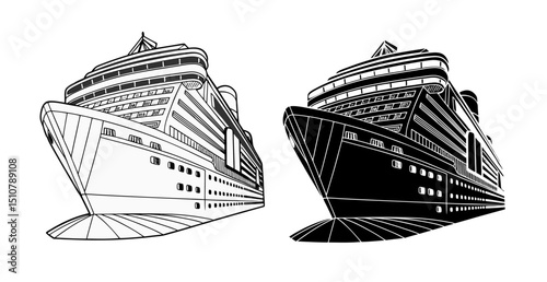 Large cruise ship illustration black and white
