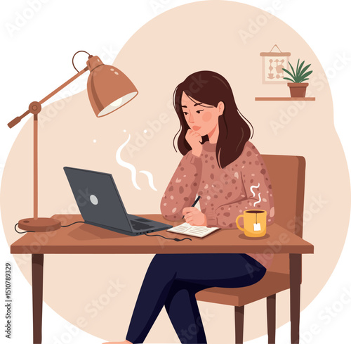 Woman Working on Laptop at Desk with Coffee and Lamp in Cozy Home Office Setting 