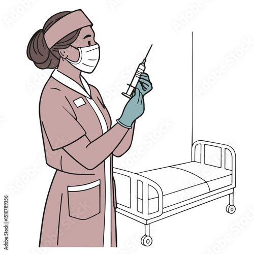A cartoon doctor in protective gear is preparing a vaccine in a safe and sterile medical setting.