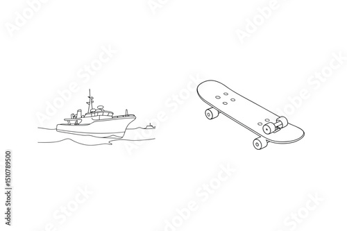 Black and white minimalist illustration of a boat and a skateboard on white background
