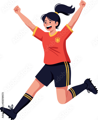 Female Soccer Player Wearing Red Jersey and Black Shorts Jumping in Celebration Vector Illustration 