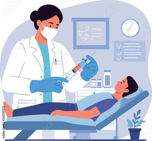 Healthcare professional administering injection to patient in medical setting vector illustration 