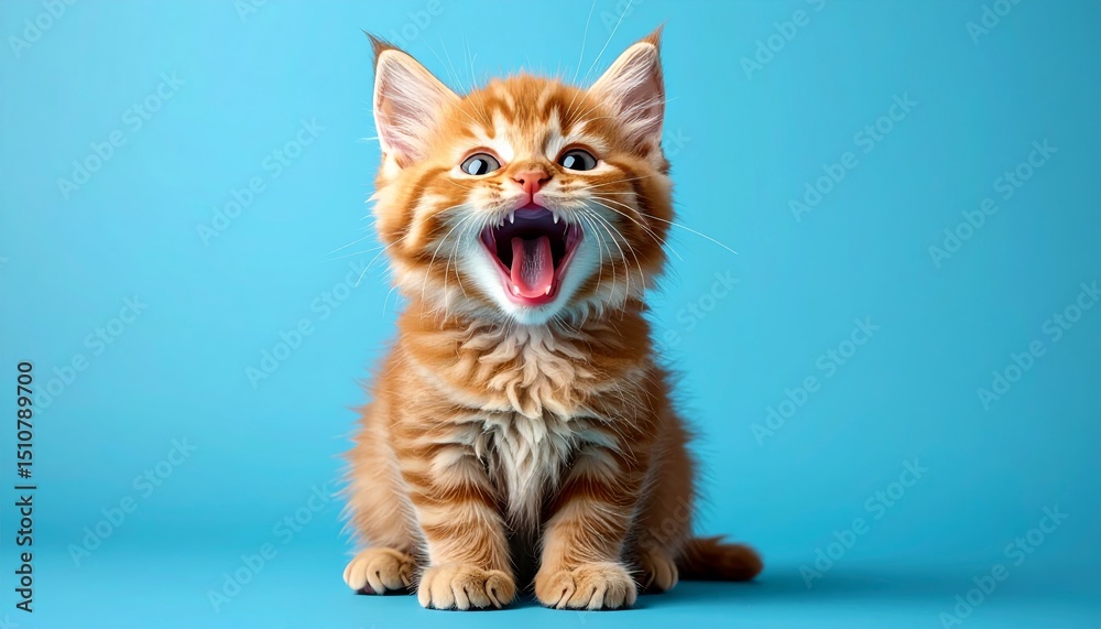 Obraz premium Cute ginger kitty yawning widely on soft blue background. Studio image for pet lovers and animal-themed designs.