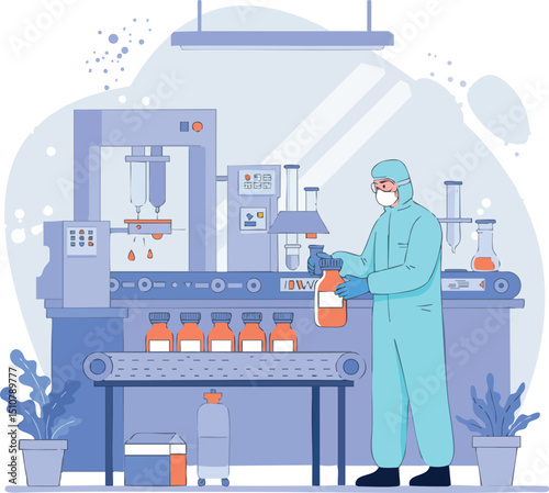 Pharmaceutical production line with worker in protective suit handling bottles in factory environment 