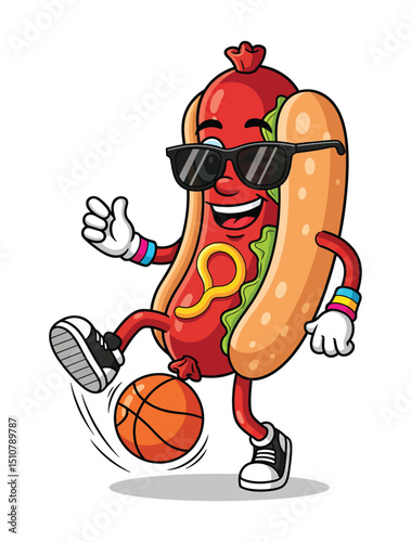 A Funny Dancing Hotdog with Sunglasses and Bouncing Basketball – Funny Cartoon Vector Clipart with Sneakers and Wink on White Background