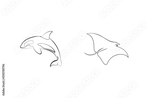 Simple line art illustration of a killer whale and a manta ray against a white background