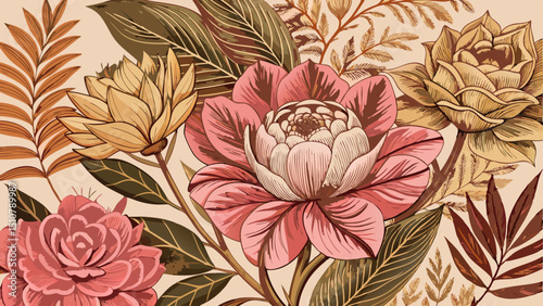 Pink tan and brown floral prints of botanical illustration. Decorative set of flowers and leaves pressed or stamped.