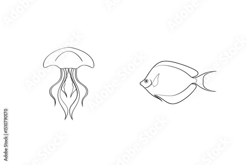 Simple black and white line art illustration of a fish and jellyfish in the ocean