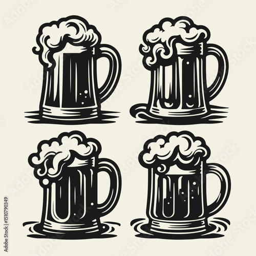 Set of 4 black and white flat vector beer mugs with foam. Bold silhouettes, clean shapes, vintage pub style. Perfect for bar signs, brewing labels, and Oktoberfest themes.