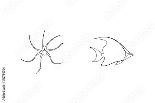 Minimalist continuous line drawing of sea star and angelfish marine animals.