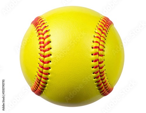 Bright Yellow Softball with Visible Red Stitching, Top-Down Flat Lay, isolated on a transparent background