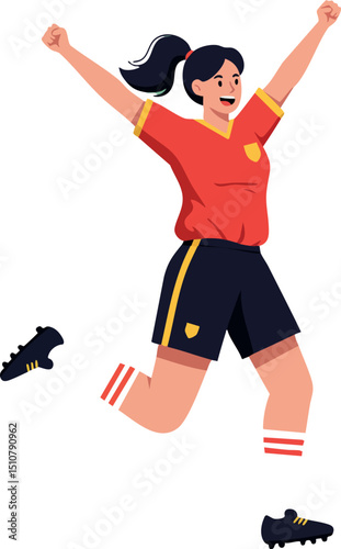 Female soccer player celebrating goal wearing red and black sports uniform vector illustration 
