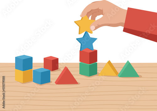 Hand stacking colorful geometric shapes including star, cube, triangle on wooden surface vector illustration 
