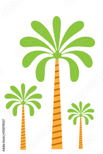 Three tropical palm trees illustration with green fronds orange striped trunks, summer beach vacation icon set, flat design vector graphic isolated. High res PNG