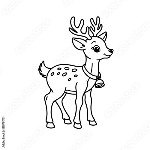 Cute cartoon reindeer standing with a bell in a simple outline style, Concept of Coloring  
