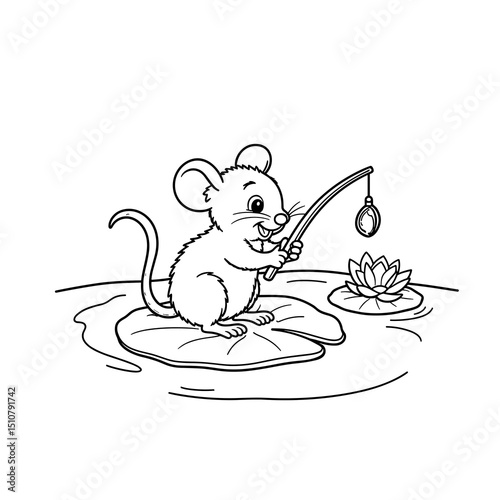 Mouse fishing on a lily pad in a pond - Concept of Coloring  