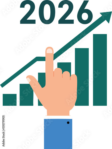 Business growth chart with hand pointing to 2026 upward trend vector illustration 