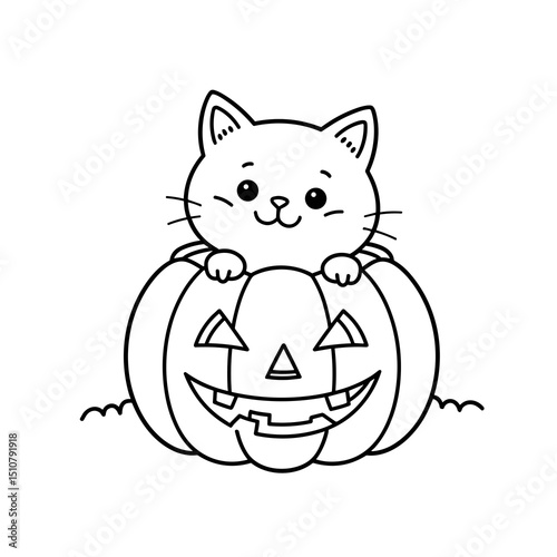 Cute cat sitting atop Halloween pumpkin, concept of coloring  