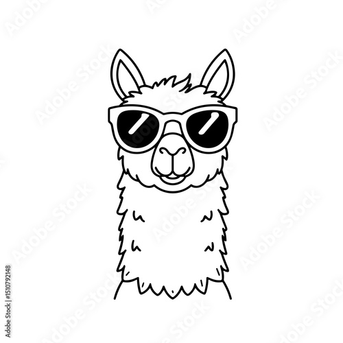 Llama wearing sunglasses in a fun and playful line art style - Concept of Coloring  