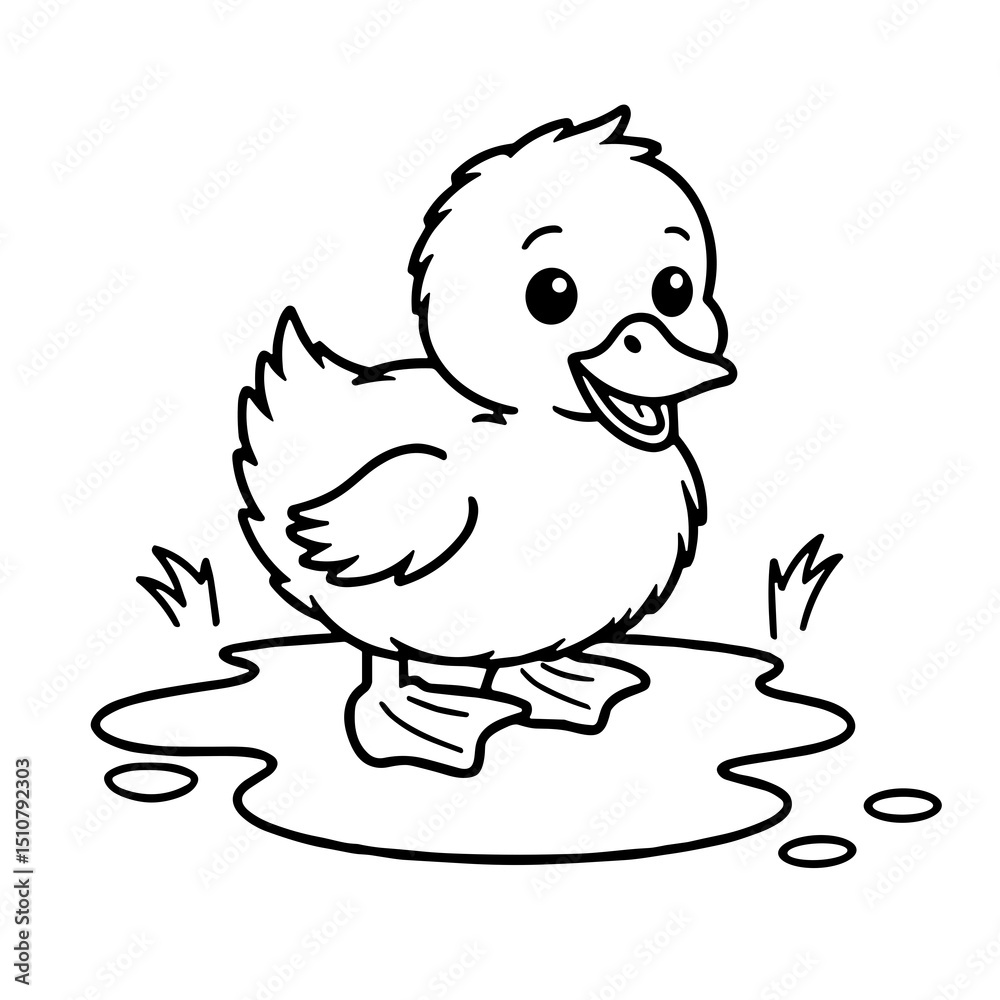 Fototapeta premium Cute cartoon duckling standing in a puddle on the grass, concept of coloring 