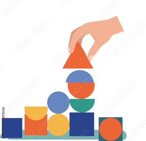 Hand stacking colorful geometric shapes in abstract vector illustration design 