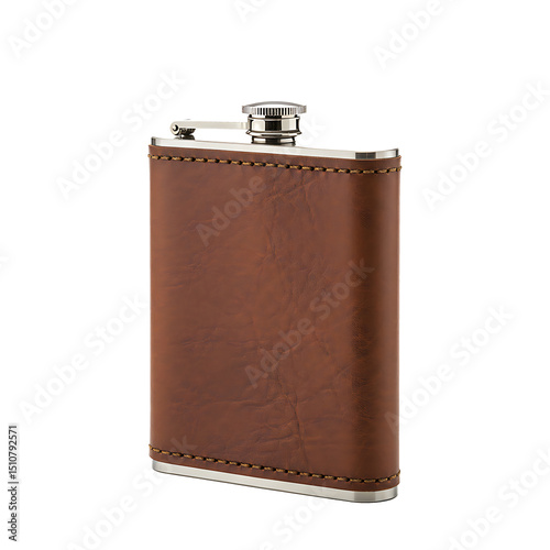 Elegant Brown Leather Hip Flask with Silver Accents, Classic Design
