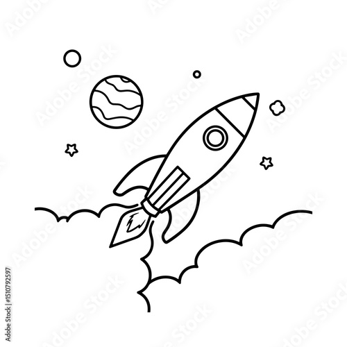 Rocket flying through space with stars and planets in background  