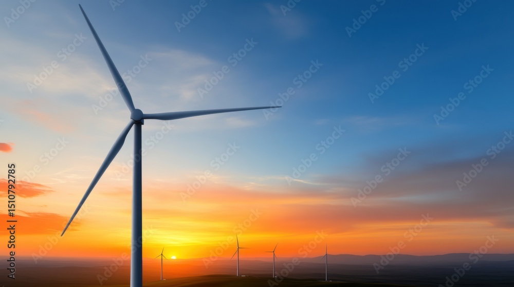 Obraz premium Wind turbines tower majestically against a colorful sunset, with golden and orange hues filling the sky. This landscape illustrates the growing importance of renewable energy sources in modern times.
