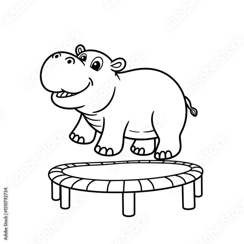 Happy hippo jumping on a trampoline in a playful illustration  