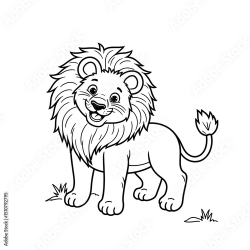 Cute cartoon lion character standing with a smile on green grass - Concept of Coloring   photo