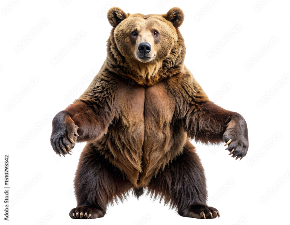 Fototapeta premium Brown Bear Standing Upright with Arms Slightly Raised, Front View, isolated on a transparent background