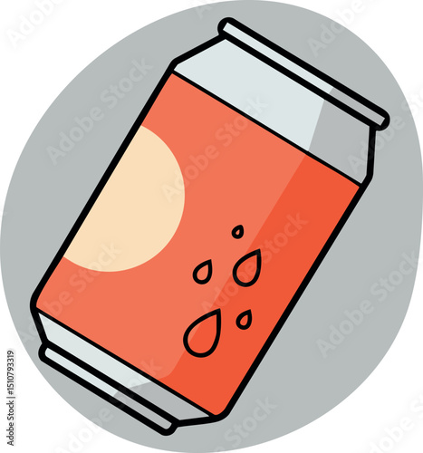 Soft drink can illustration with water drops and orange label in round background vector 