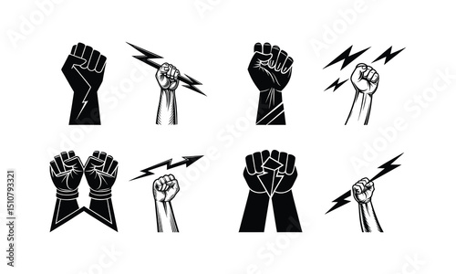 Powerful fist clenching lightning bolt symbolizing strength energy and defiance bold black and white