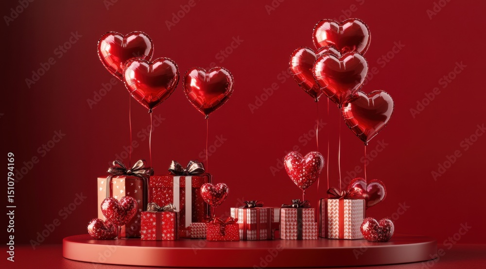 Obraz premium 3D rendering of a Valentine's Day podium with heart-shaped balloons and gift boxes on a red background