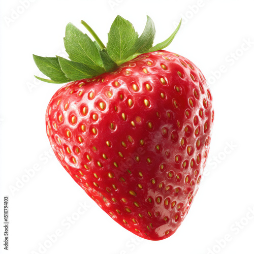 Bright red strawberry with stem isolated on white background.