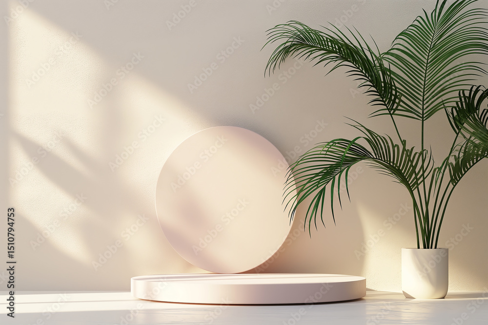 Fototapeta premium A white pedestal with a round base and a plant in a white pot