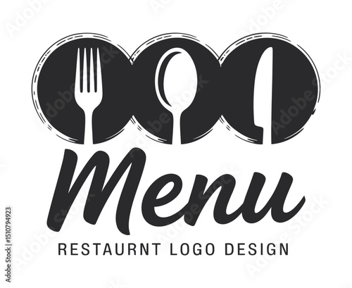 Elegant Restaurant Menu Logo Design with Fork Spoon and Knife Icons in a Circular Arrangement Perfect for Branding and Culinary Businesses