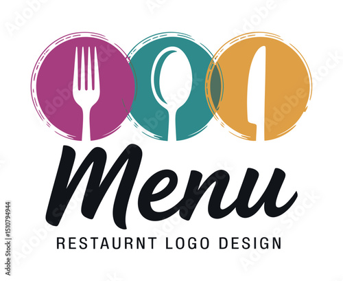 Modern Restaurant Menu Logo Design with Fork Spoon and Knife Icons in Colorful Circles for Branding and Marketing Purposes on a White Background