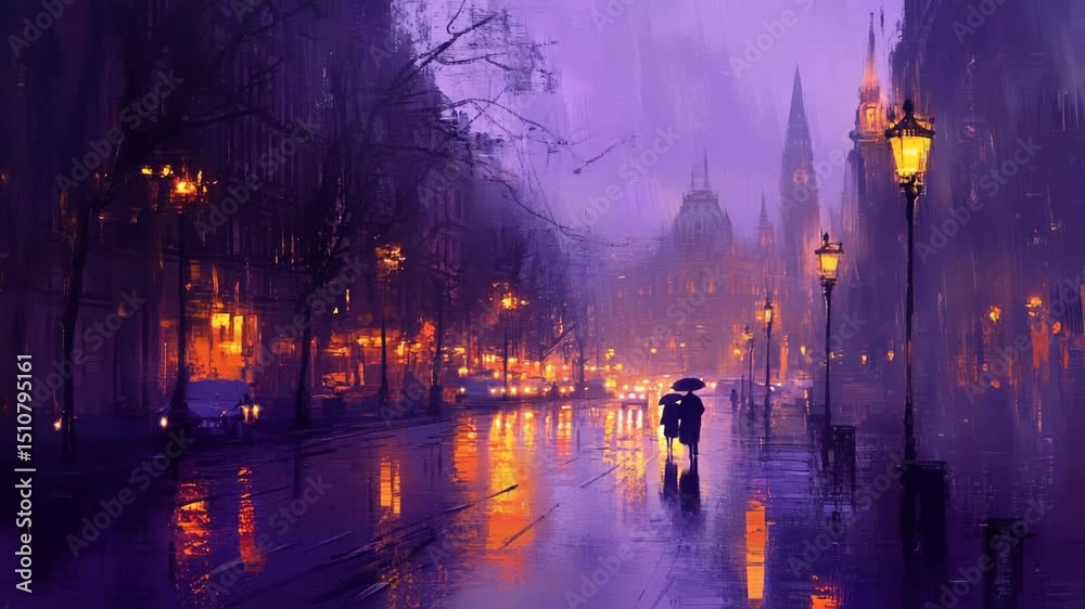 Rainy cityscape at twilight with glowing reflections on wet pavement, cozy streetlights, deep purples and soft yellows with gentle fog