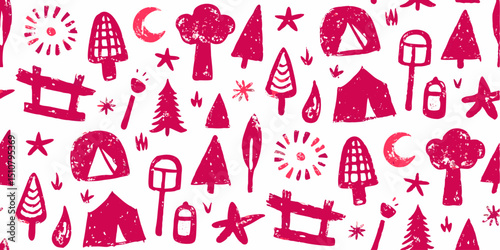 A seamless collage of Camping Adventure Theme doodles in pink crayon color