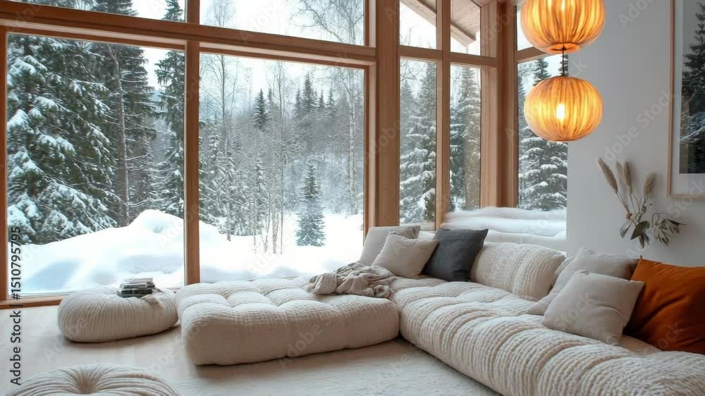 living room with pale oak floors, cream boucle sofa, soft gray textiles, pendant lights, and large windows with snowy forest view