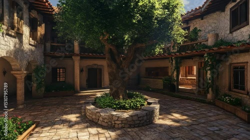Wallpaper Mural sandstone courtyard house with rough-hewn blocks, central tree planter, clay tile rooflines, and sunken garden paths, Torontodigital.ca