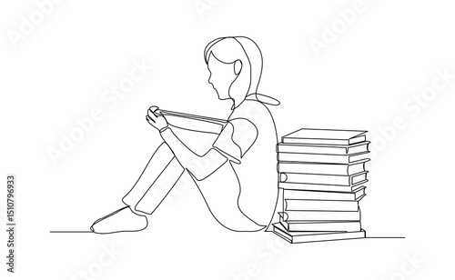 Continuous line drawing child girl sitting and read a book. Single line concept of education. Vector illustration sketch editable stroke