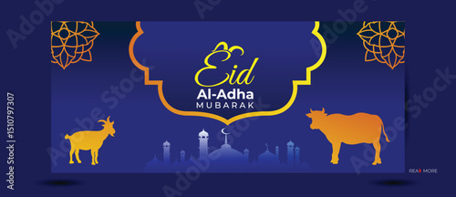 Eid al adha banner design blue color. Eid Al Adha greeting card, vector