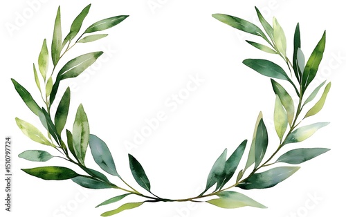 Watercolor eucalyptus wreath frame, white background, small floral accents, simple design, white space in the center of the composition, soft green tones, 