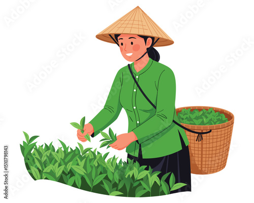 Woman Harvesting Fresh Tea Leaves in Traditional Farming Setting with Basket