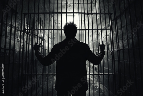 Man gripping the bars of a prison cell silhouette