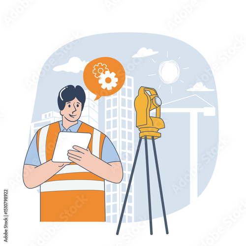 Construction Engineer Using Tablet with Surveying Equipment on Site