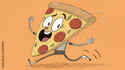 Cheerful dancing pizza slice cartoon. Playful anthropomorphic pizza illustration. Bold orange background pizza character.